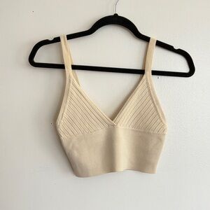 Zara Cream Crop Top Ribbed Knit V-Neck
